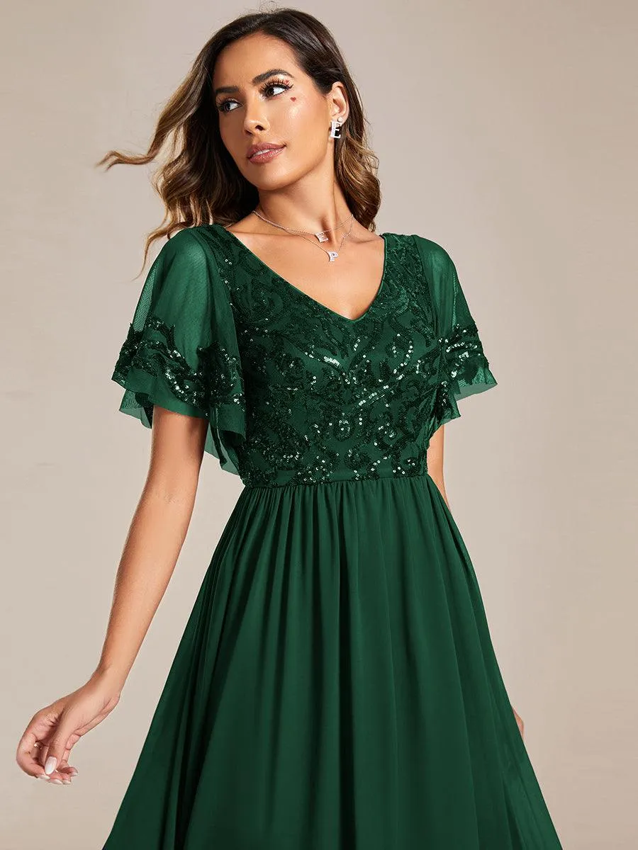 Robe Mère de la Mariée en mousseline à manches courtes et encolure en V