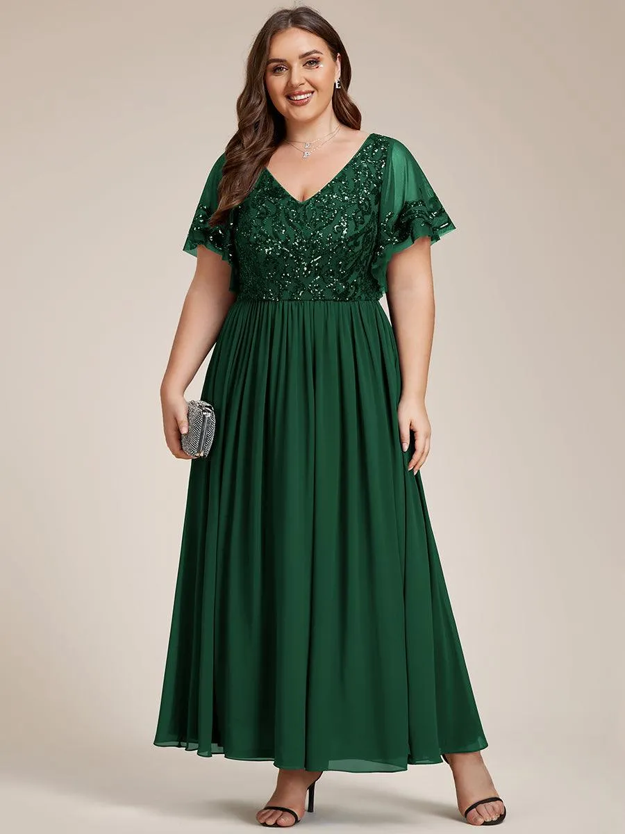 Robe Mère de la Mariée en mousseline à manches courtes et encolure en V