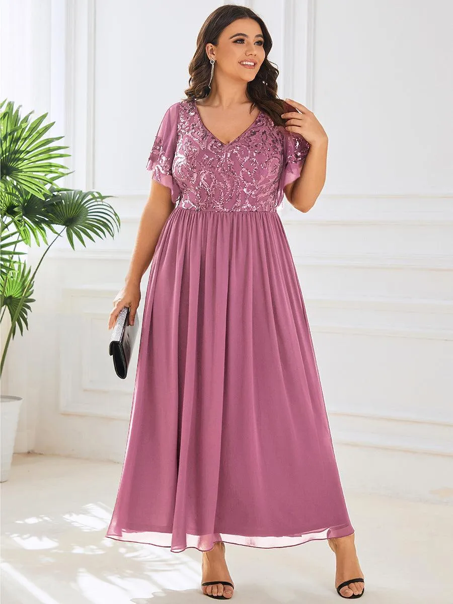 Robe Mère de la Mariée en mousseline à manches courtes et encolure en V