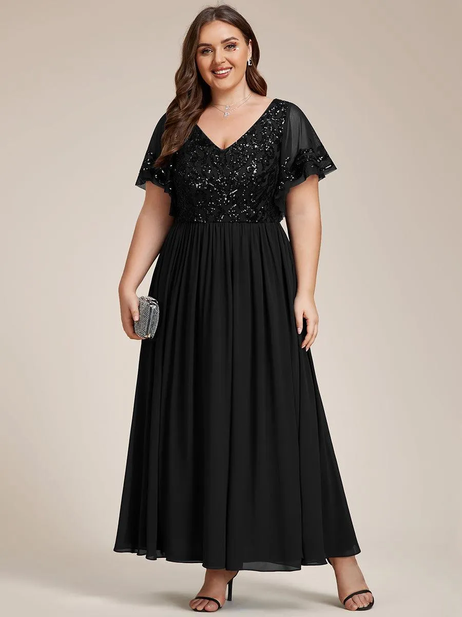 Robe Mère de la Mariée en mousseline à manches courtes et encolure en V