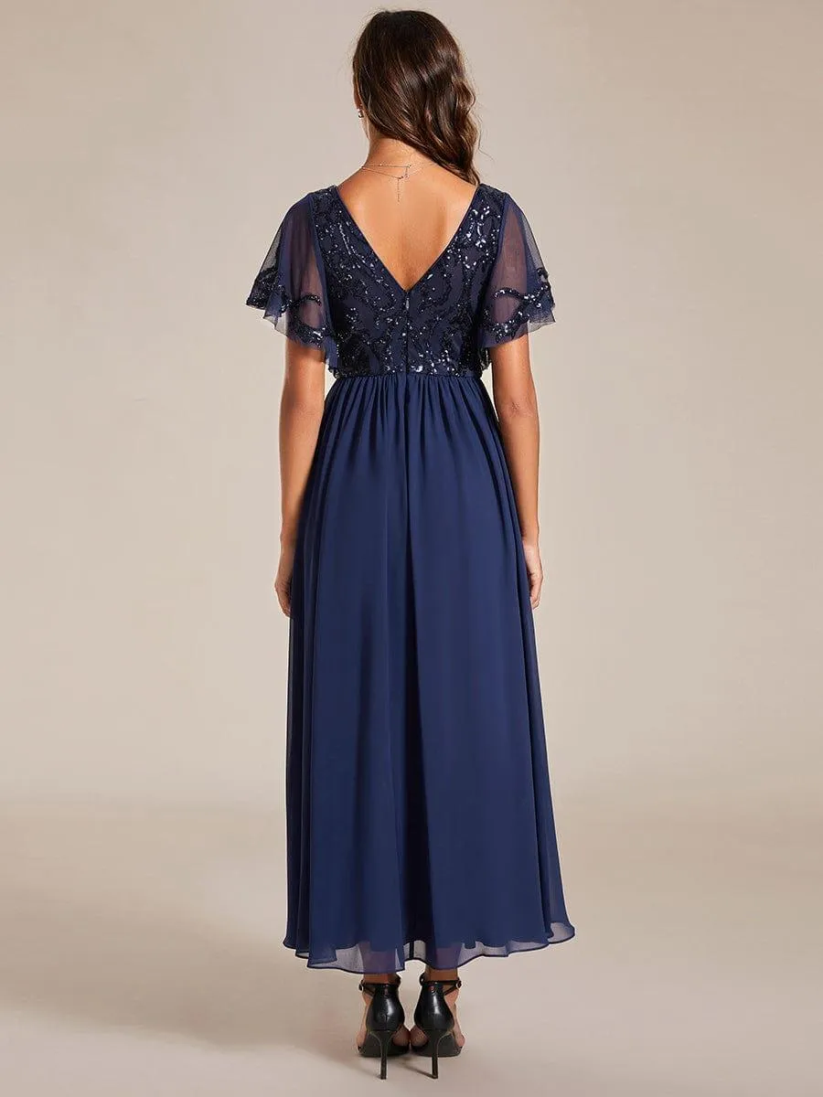 Robe Mère de la Mariée en mousseline à manches courtes et encolure en V