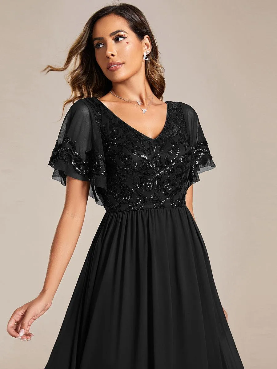 Robe Mère de la Mariée en mousseline à manches courtes et encolure en V