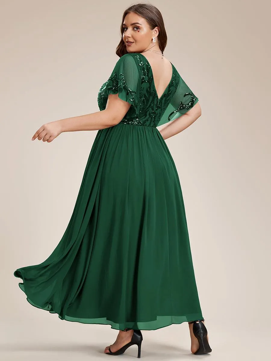 Robe Mère de la Mariée en mousseline à manches courtes et encolure en V