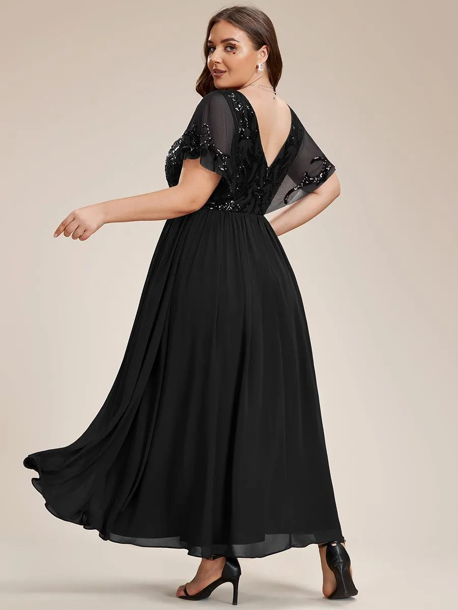 Robe Mère de la Mariée en mousseline à manches courtes et encolure en V