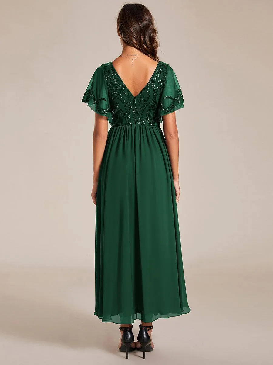 Robe Mère de la Mariée en mousseline à manches courtes et encolure en V