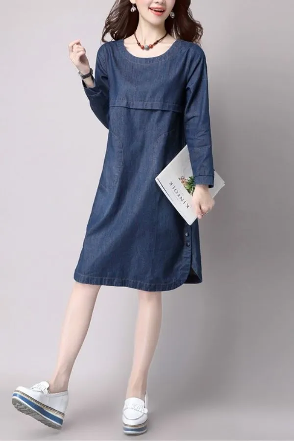 Round Neck Denim Midi Dress