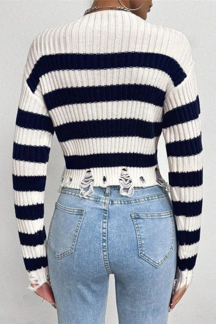 Round Neck Short Striped Sweater