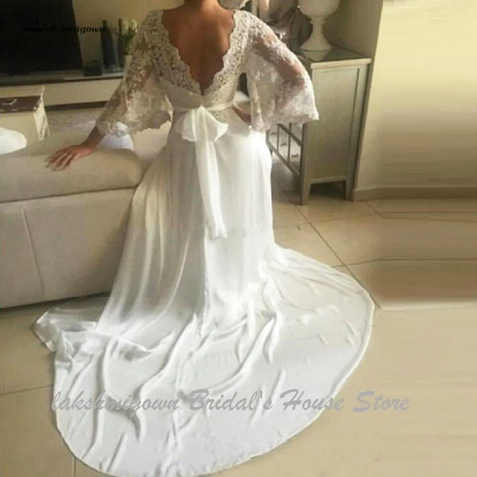 Roycebridal Bohemian Wedding Dresses Illusion Lace Bridal Gown Backless Long Sleeve Deep V Neck Boho Chiffon Plus Size Beach Bridal Dress