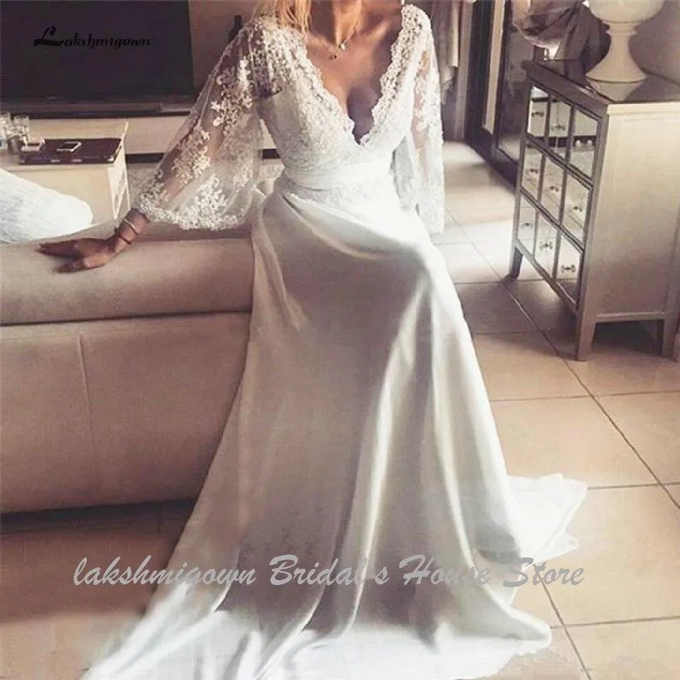 Roycebridal Bohemian Wedding Dresses Illusion Lace Bridal Gown Backless Long Sleeve Deep V Neck Boho Chiffon Plus Size Beach Bridal Dress