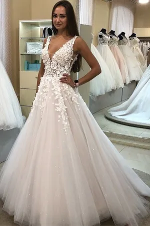 Roycebridal Elegant Tulle A-line V-neck Wedding Dresses with Appliques, Bridal Gown, MW665