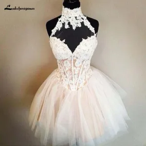 Roycebridal Exposed Boning Short Wedding Dresses WIth High Neck Halter Sheer Neck Sexy Back Short Party Dress Tulle Appliques Lace dress