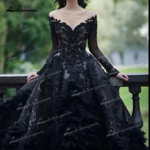 Roycebridal Gothic Black A-Line Wedding Dresses Illusion Sexy O-Neck Long Sleeve Court Train Bride Gowns Appliques Feathers Beading Tulle