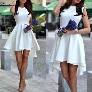 Roycebridal High Low White Prom Dresses Satin Scoop Zipper Up Party Dresses Cocktail Homecoming Gowns