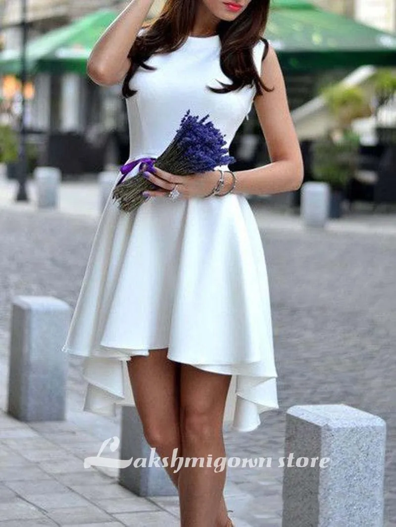 Roycebridal High Low White Prom Dresses Satin Scoop Zipper Up Party Dresses Cocktail Homecoming Gowns