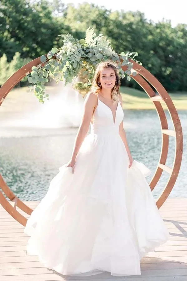 Roycebridal Ivory A-line Tulle Spaghetti Straps Simple Wedding Dresses, Bridal Gown, MW707