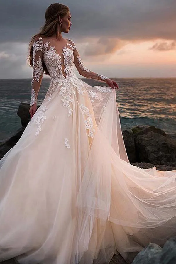 Roycebridal Ivory Tulle Lace Long Sleeves Beach Wedding Dresses With Illusion Neck, MW716