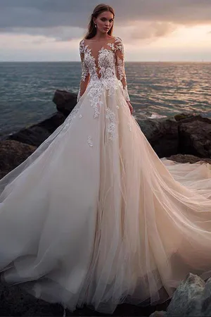 Roycebridal Ivory Tulle Lace Long Sleeves Beach Wedding Dresses With Illusion Neck, MW716