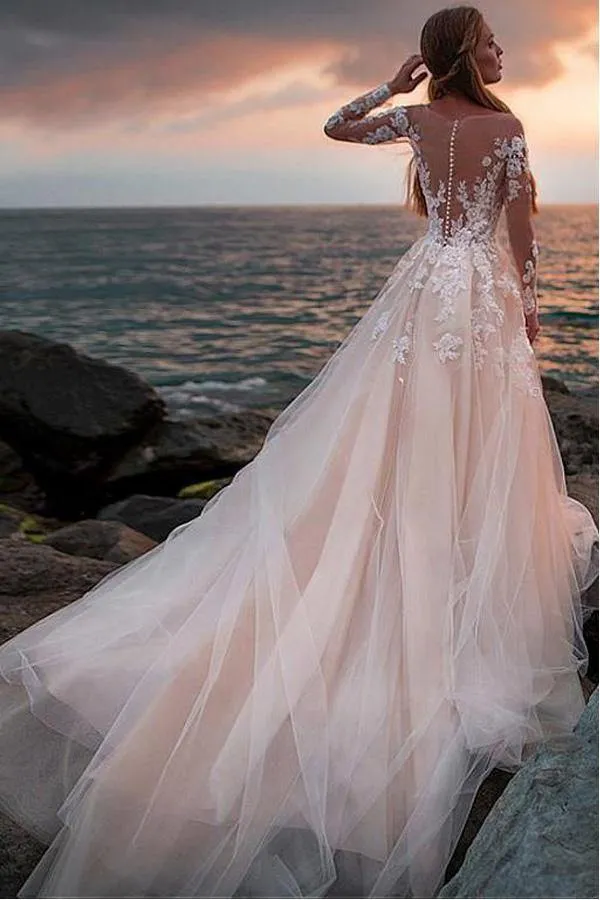 Roycebridal Ivory Tulle Lace Long Sleeves Beach Wedding Dresses With Illusion Neck, MW716