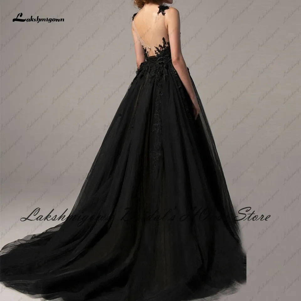 Roycebridal Lakshmigown Gothic Black Wedding Dress 2022 Sexy Bridal Robe Lace Flowers Backless Wedding Gowns Side Split Trouwjurk Plus Size