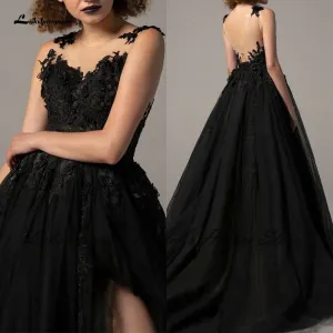 Roycebridal Lakshmigown Gothic Black Wedding Dress 2022 Sexy Bridal Robe Lace Flowers Backless Wedding Gowns Side Split Trouwjurk Plus Size
