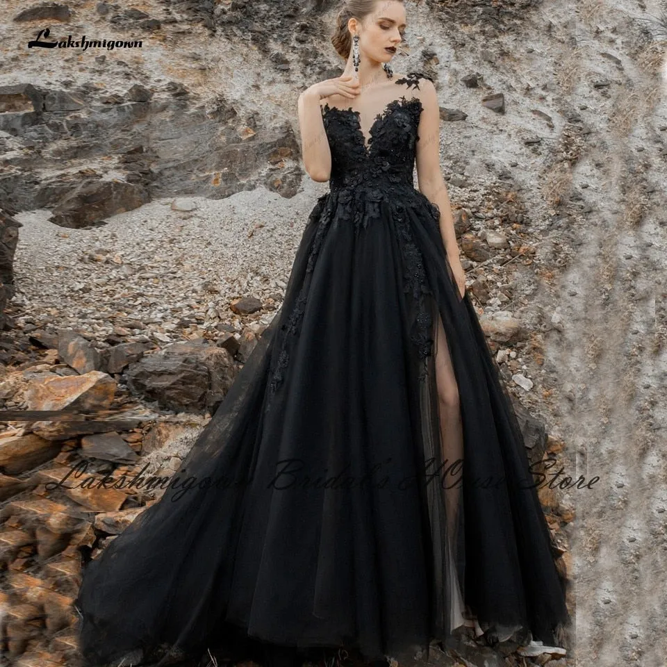 Roycebridal Lakshmigown Gothic Black Wedding Dress 2022 Sexy Bridal Robe Lace Flowers Backless Wedding Gowns Side Split Trouwjurk Plus Size