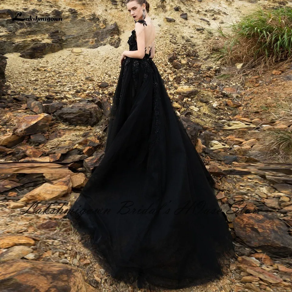 Roycebridal Lakshmigown Gothic Black Wedding Dress 2022 Sexy Bridal Robe Lace Flowers Backless Wedding Gowns Side Split Trouwjurk Plus Size
