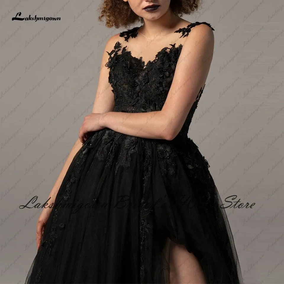 Roycebridal Lakshmigown Gothic Black Wedding Dress 2022 Sexy Bridal Robe Lace Flowers Backless Wedding Gowns Side Split Trouwjurk Plus Size