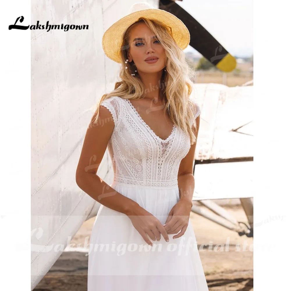 Roycebridal Lakshmigown short Sleeves Boho Wedding Dresses 2021 V Neck Bohemian Lace Chiffon Bridal Dress Beach Bridal Gown robe de mariee