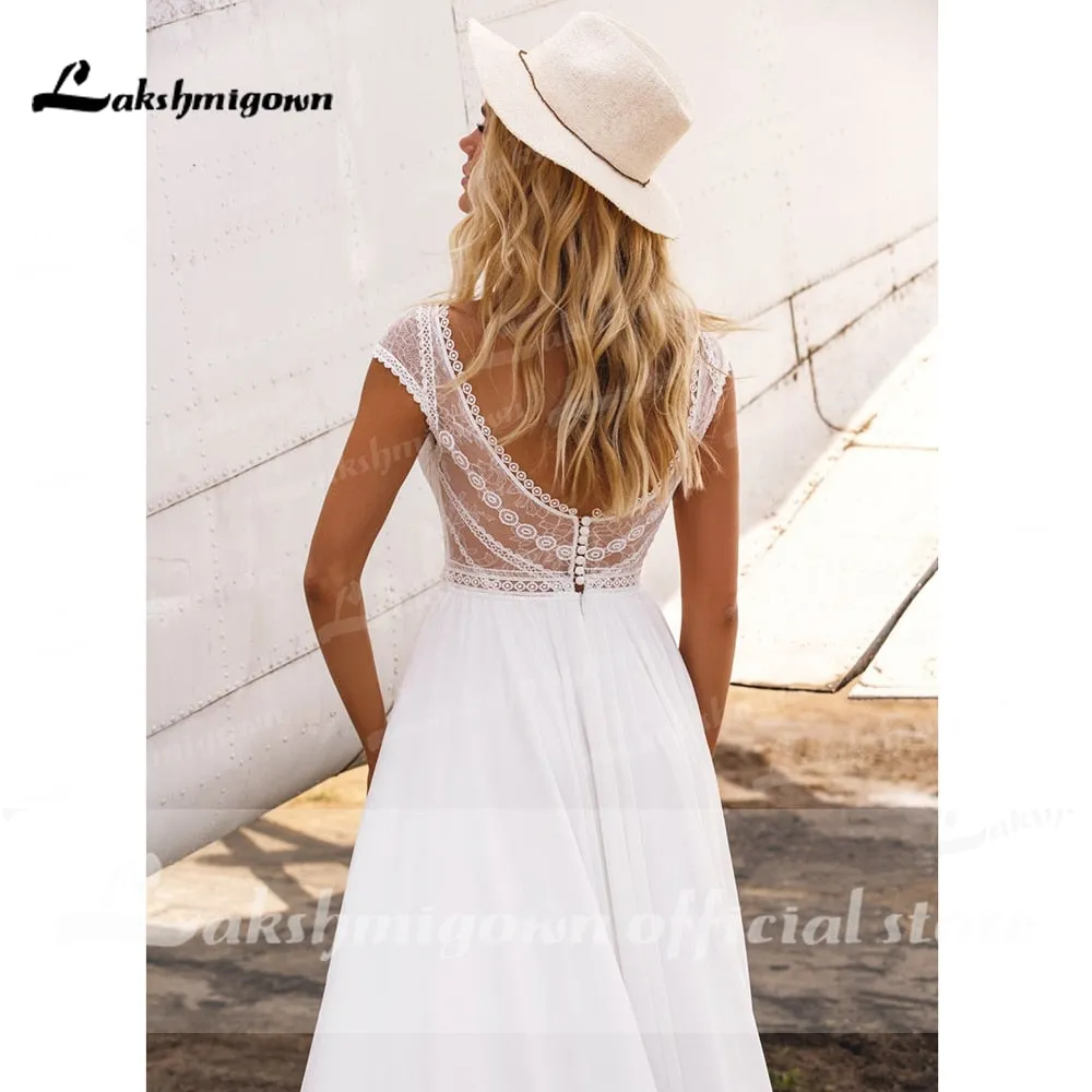 Roycebridal Lakshmigown short Sleeves Boho Wedding Dresses 2021 V Neck Bohemian Lace Chiffon Bridal Dress Beach Bridal Gown robe de mariee