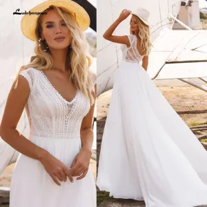 Roycebridal Lakshmigown short Sleeves Boho Wedding Dresses 2021 V Neck Bohemian Lace Chiffon Bridal Dress Beach Bridal Gown robe de mariee
