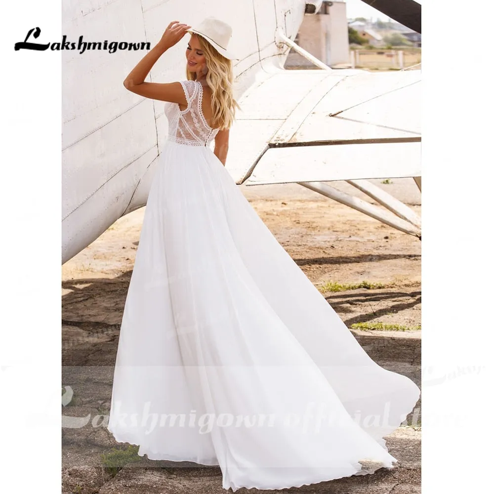 Roycebridal Lakshmigown short Sleeves Boho Wedding Dresses 2021 V Neck Bohemian Lace Chiffon Bridal Dress Beach Bridal Gown robe de mariee