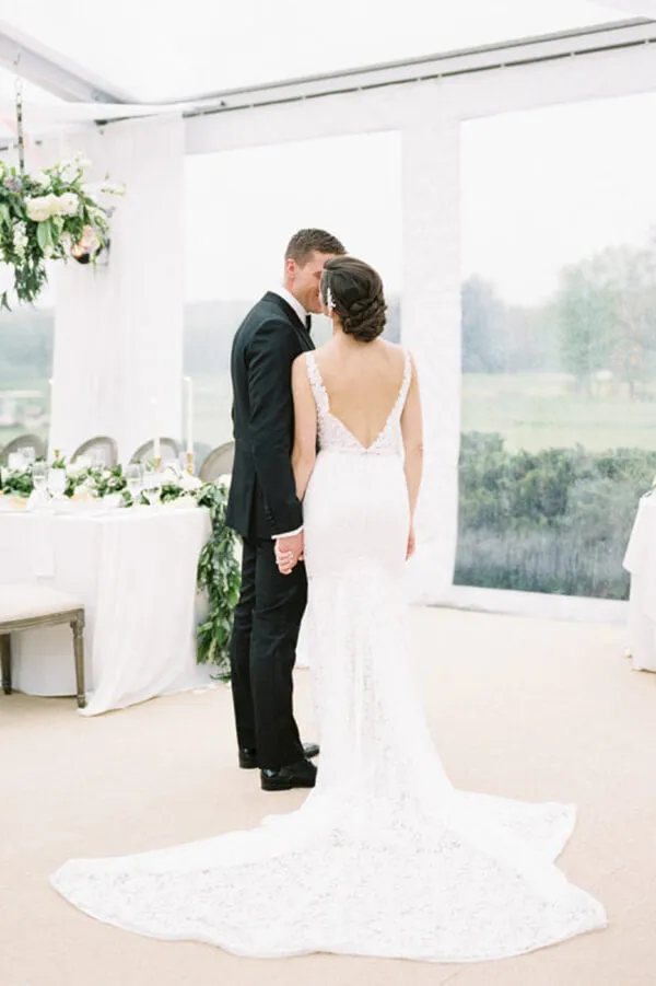 Roycebridal Vintage Ivory Lace Mermaid V Neck Wedding Dress, Bridal Dresses, MW533