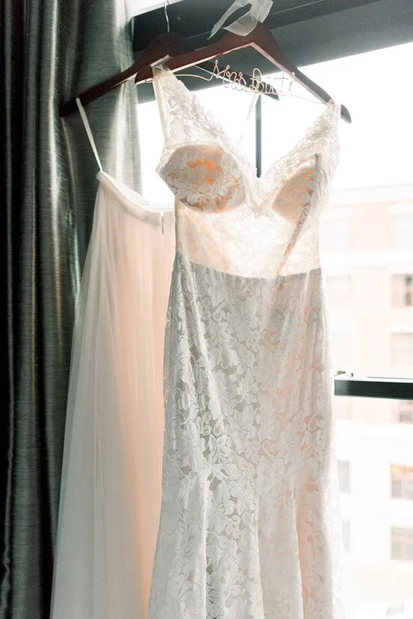 Roycebridal Vintage Ivory Lace Mermaid V Neck Wedding Dress, Bridal Dresses, MW533