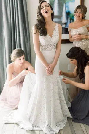 Roycebridal Vintage Ivory Lace Mermaid V Neck Wedding Dress, Bridal Dresses, MW533