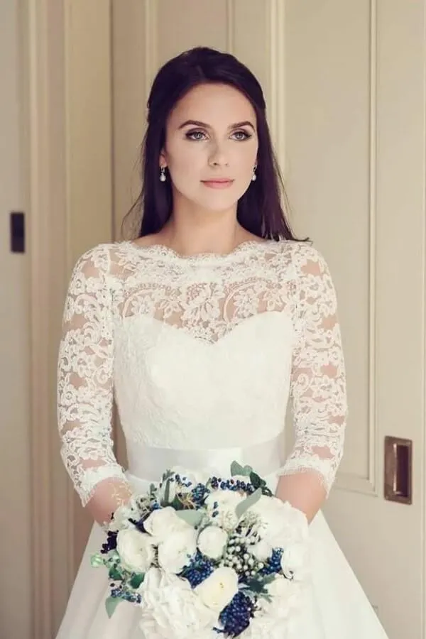 Roycebridal Vintage Tulle Lace A-line 3/4 Sleeves Bridal Gowns, Wedding Dresses, MW815