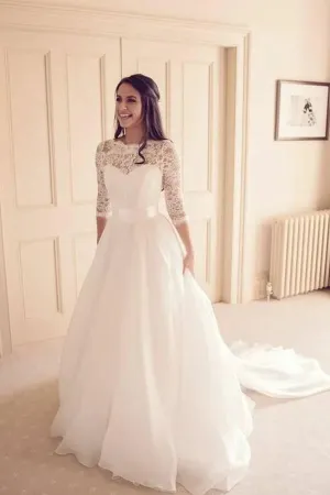 Roycebridal Vintage Tulle Lace A-line 3/4 Sleeves Bridal Gowns, Wedding Dresses, MW815