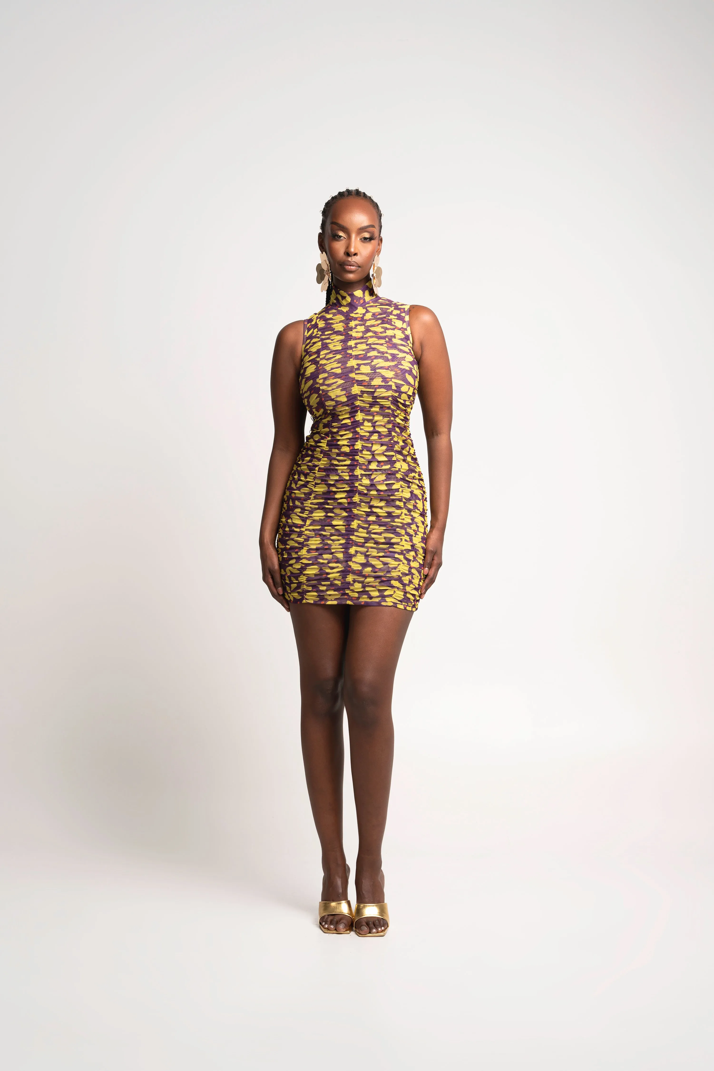 SAKI PURPLE RUCHED MINI MESH DRESS
