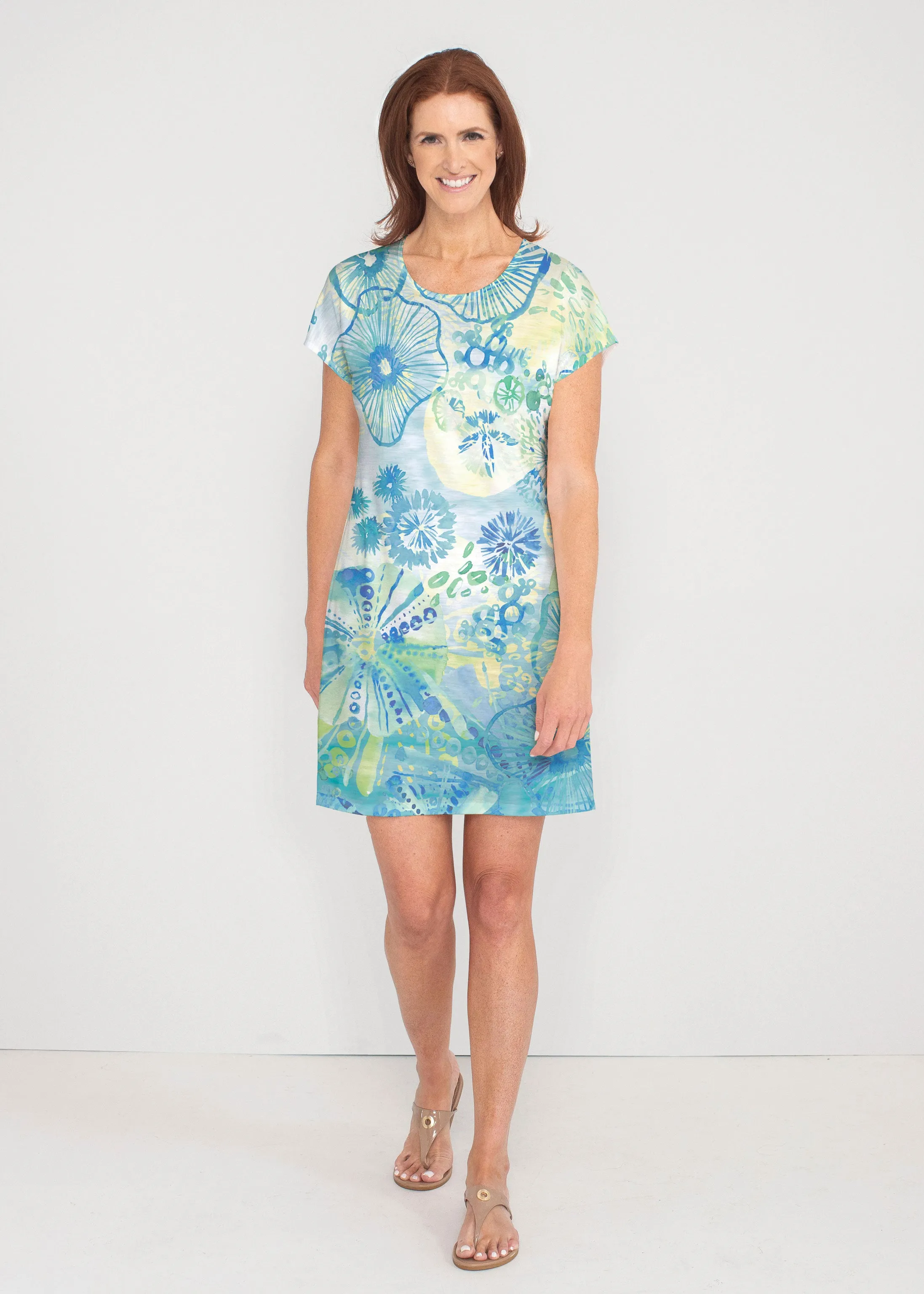 Sand Dollar Aqua (16256) ~ French Terry Short Sleeve Crew Dress