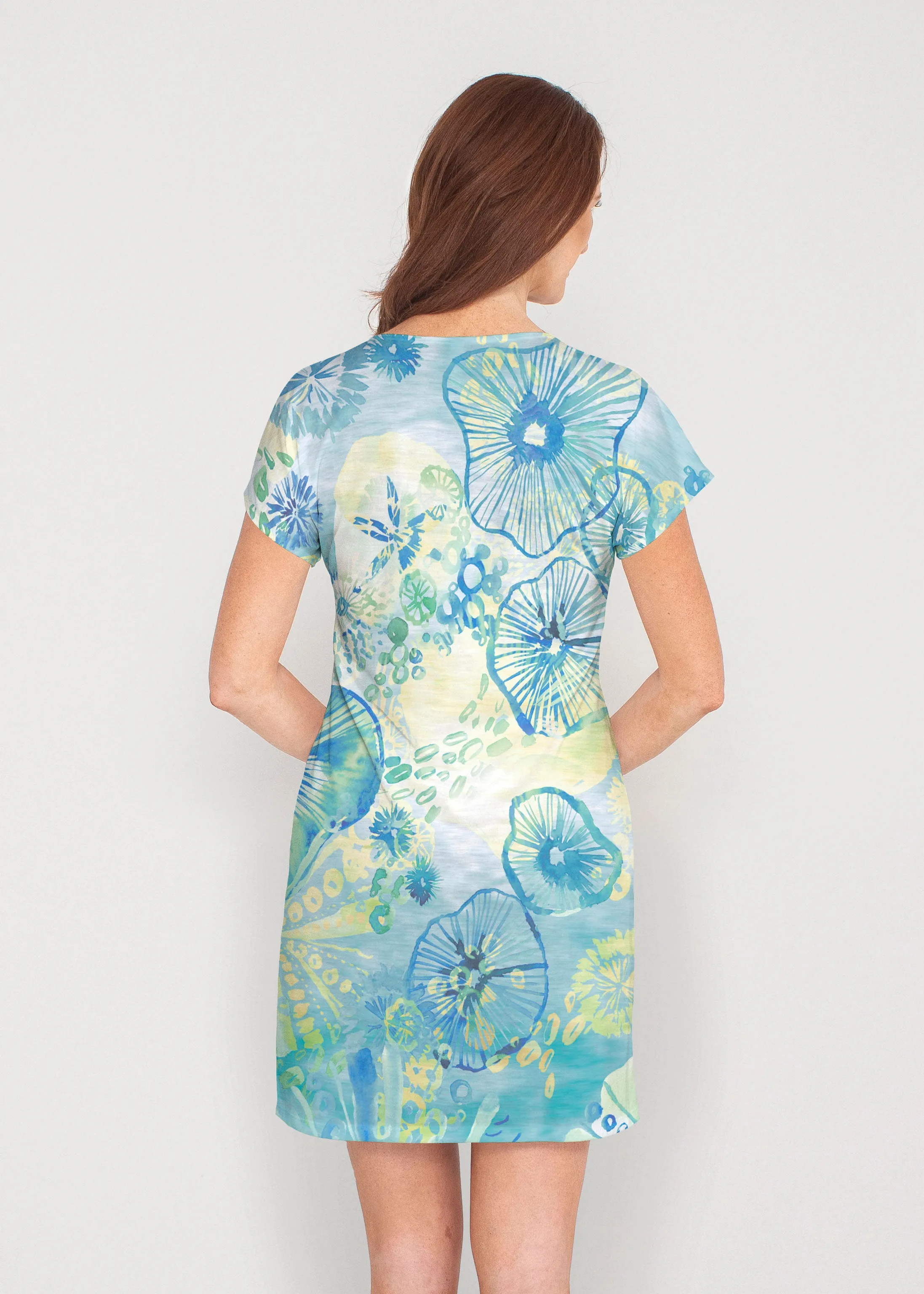 Sand Dollar Aqua (16256) ~ French Terry Short Sleeve Crew Dress