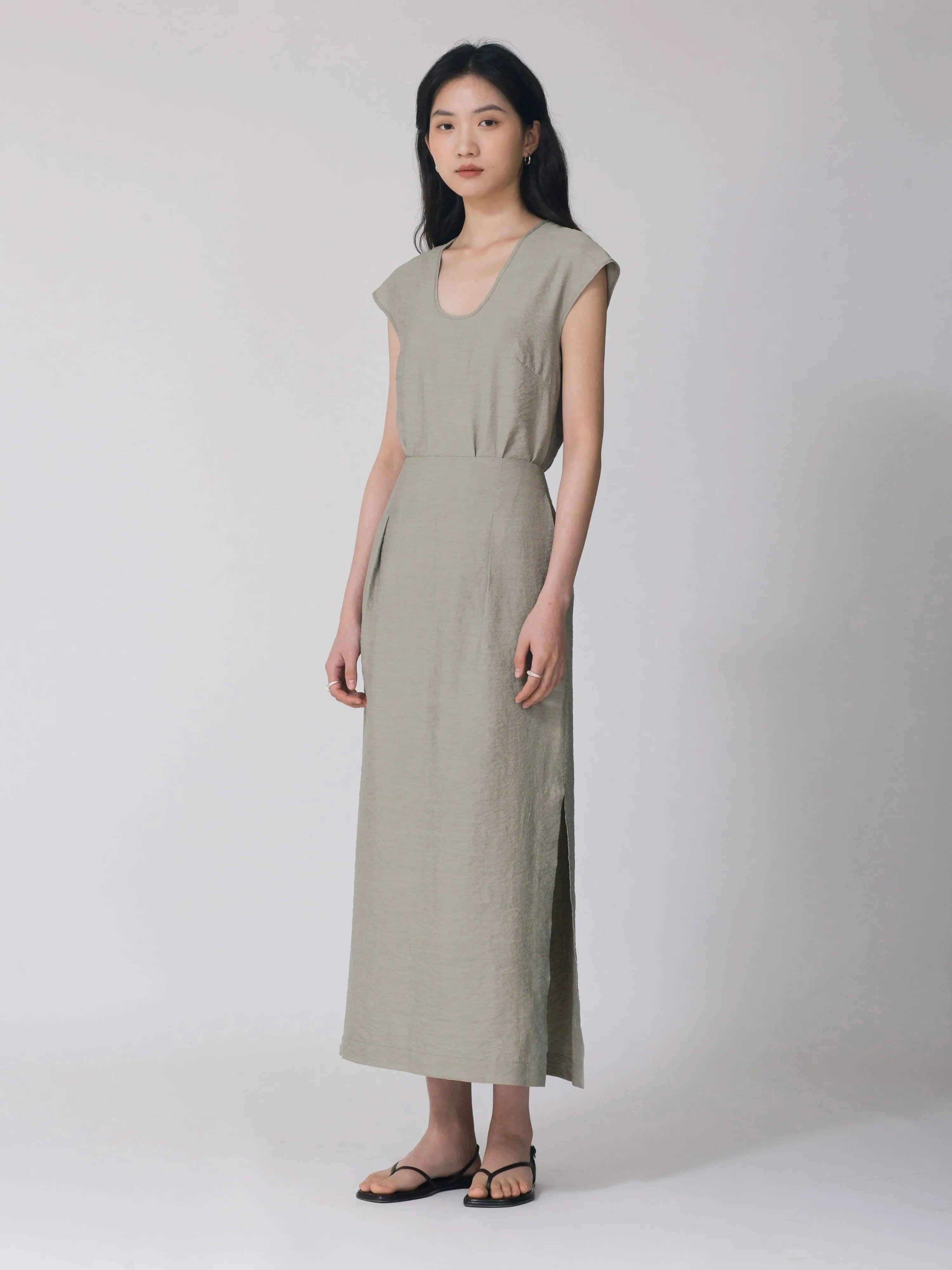 Satin Scoop Neck Top & Side Slit Skirt