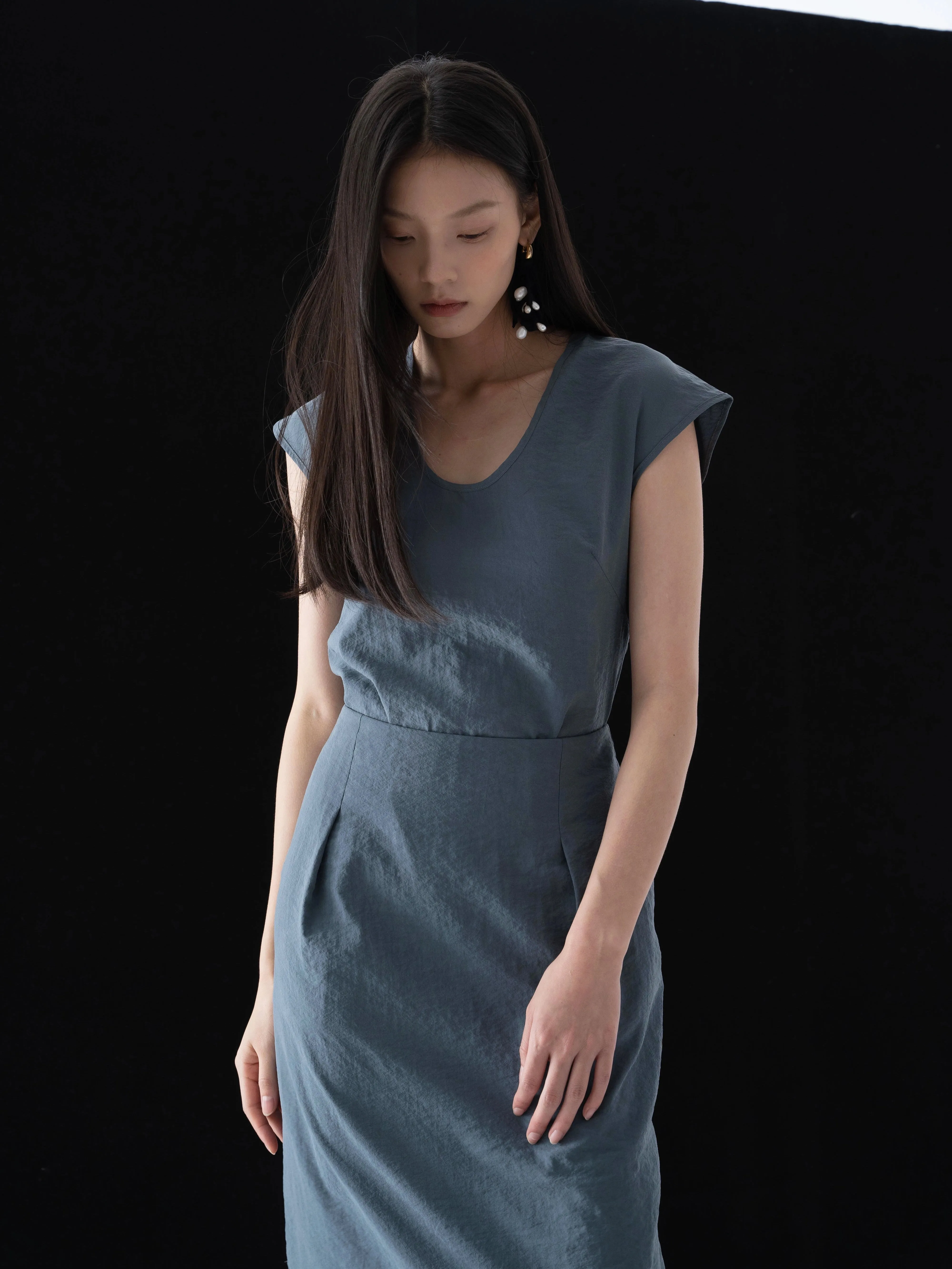 Satin Scoop Neck Top & Side Slit Skirt