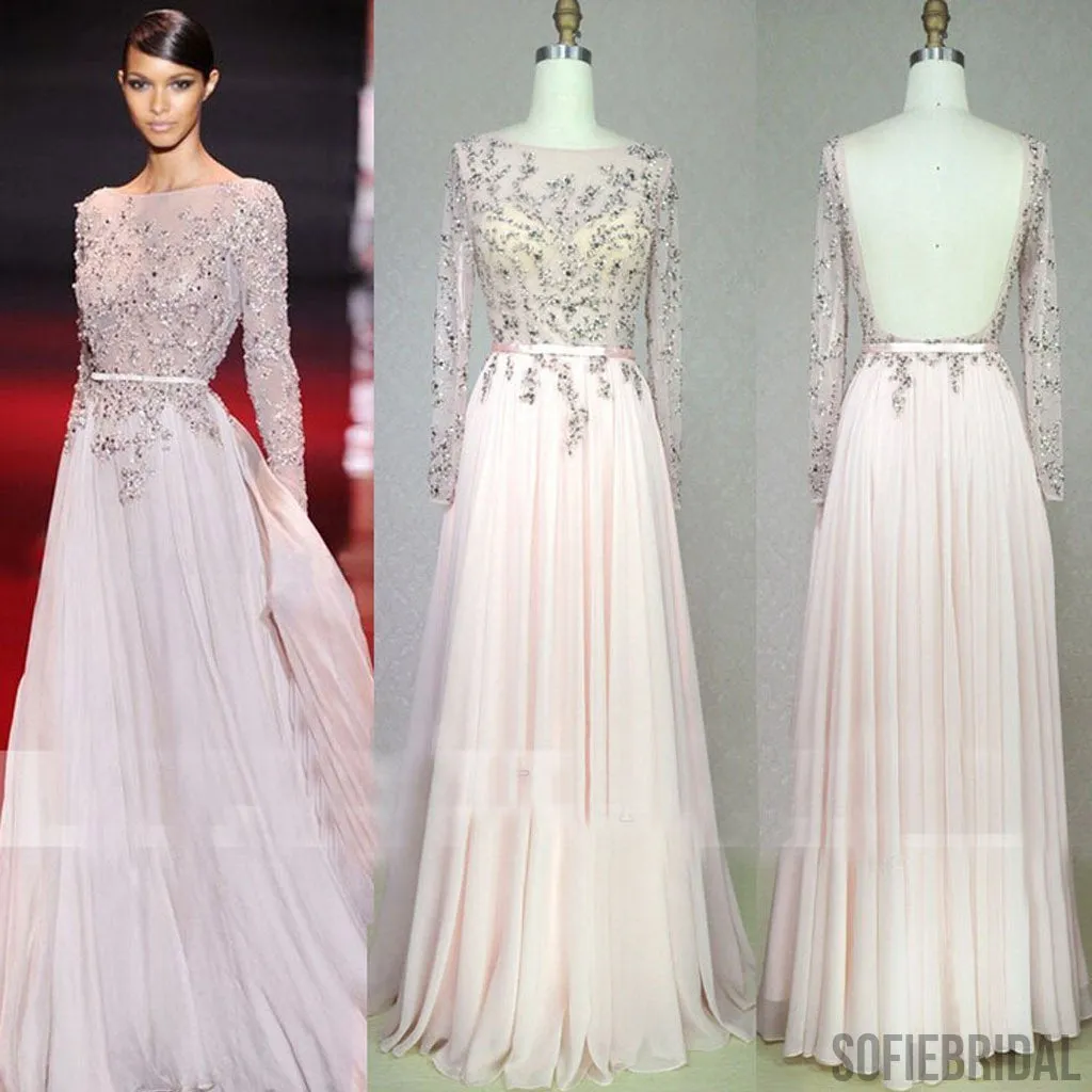 Scoop Neckline, Beaded See Through Backless Long A-line Pale Pink Chiffon Prom Dresses, PD0562