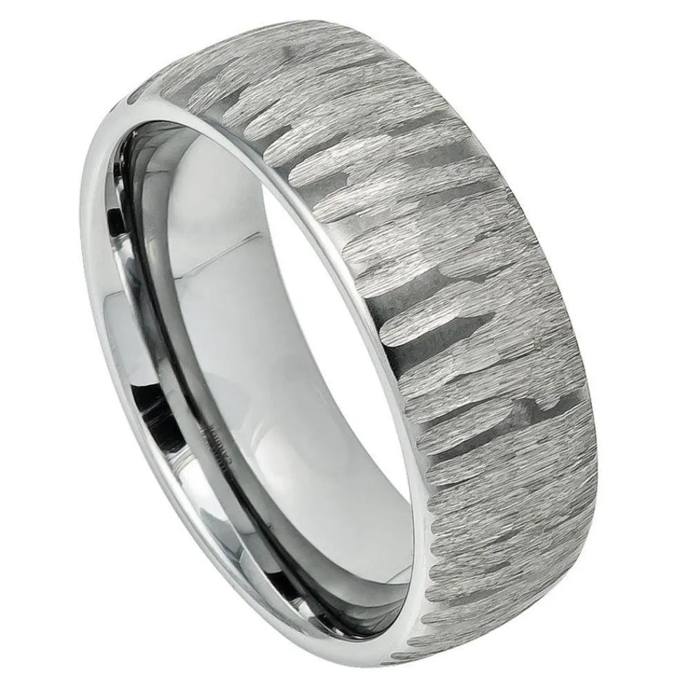 Semi Domed Ring with Tree Bark Carved Textured Finish - 8mm