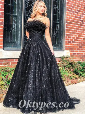 Sexy Black Sequin Tulle Sweetheart Sleeveless A-Line Long Prom Dresses,PDS0748