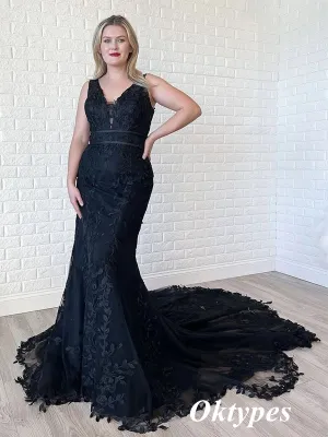 Sexy Black Tulle And Lace Spaghetti Straps V-Neck Mermaid Long Prom Dresses, PDS1016