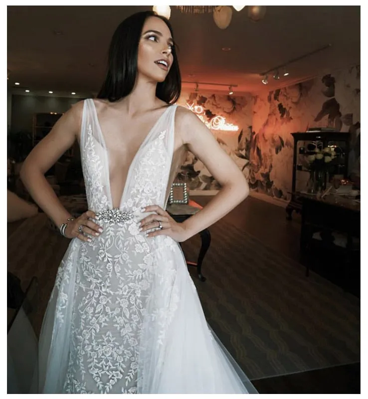 Sexy Illusion  Wedding Dress With  Long Train Deep V Neck And Low Back Lots Of Appliques