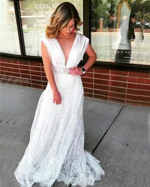 Sexy Plunge V-Neck Wedding Dresses With Belt Low Back Lace Bridal Dress Court Train