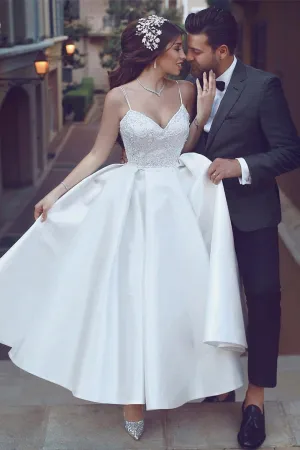 Sexy Satin A-line Spaghetti Bridal Gown with Ruching and Applique-715714