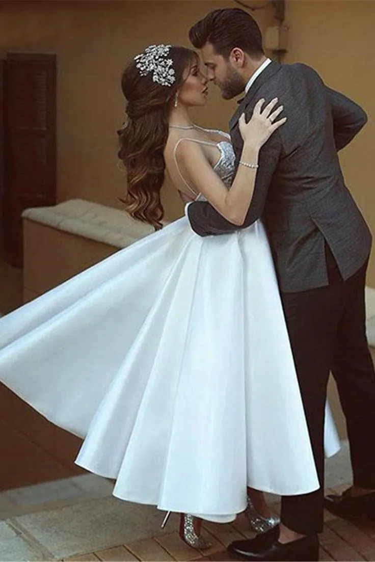 Sexy Satin A-line Spaghetti Bridal Gown with Ruching and Applique-715714