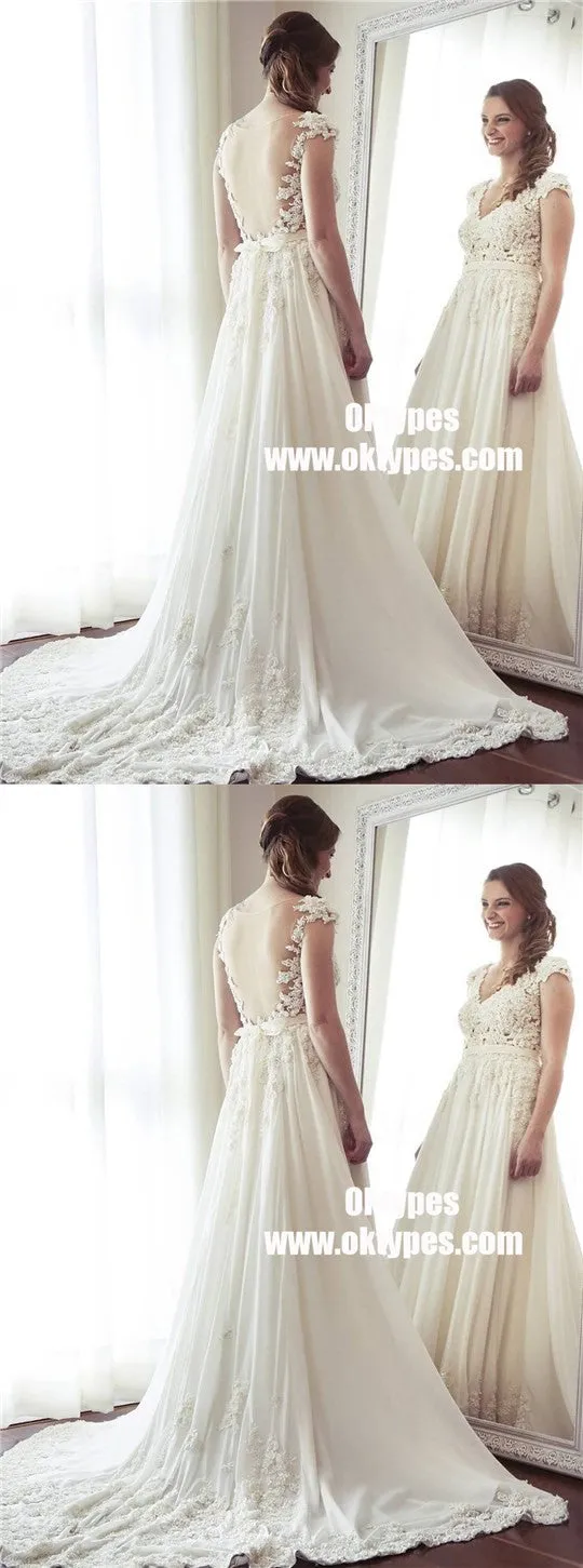 Sexy See Through Cap Sleeve A-line Chiffon Beach Wedding Dresses Online, TYP0880